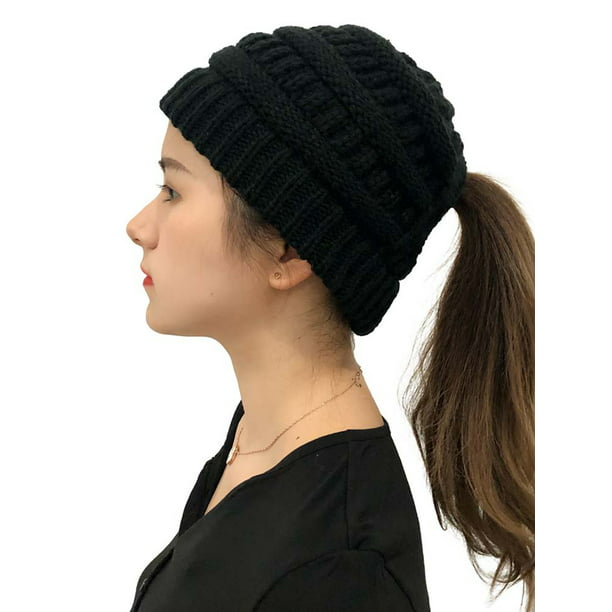 Womens Ponytail Beanie Hat Messy Bun Crochet Cap Winter Warm Knitted Stylish Hat